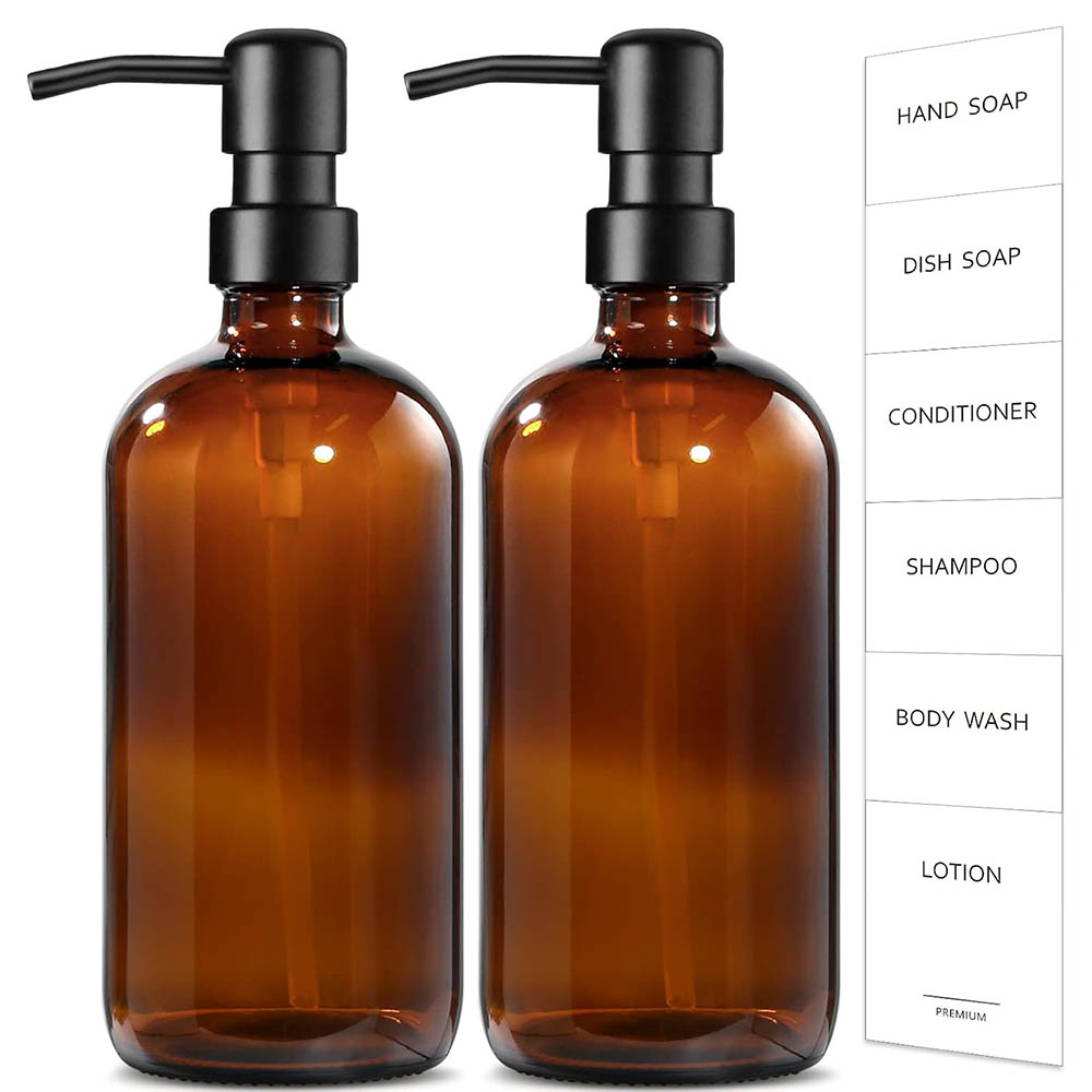 Soap Dispenser Pump - Amberkleurige glazen zeepdispenser, 2-pack 17oz keuken/badkamer