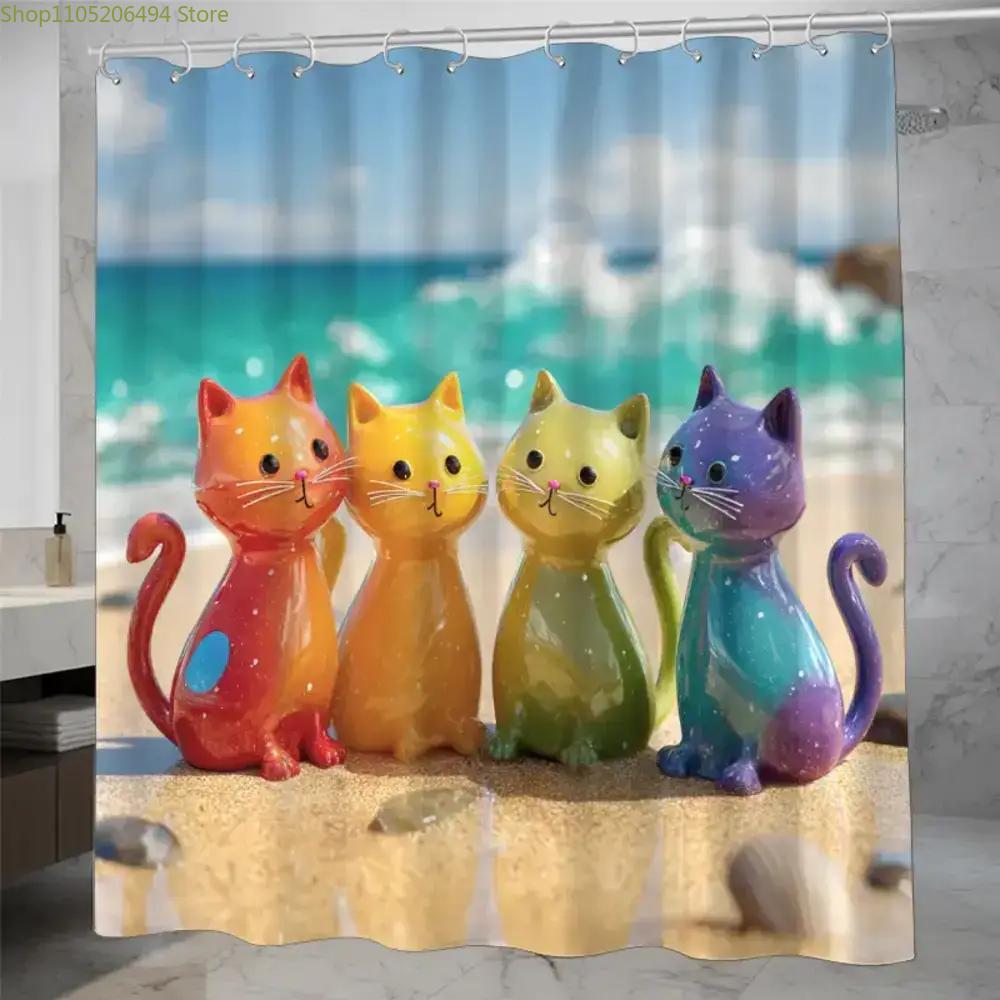 Home Decor Bathroom Ideas - Kleurrijk regenboogkatten douchegordijn schattig cartoon kitten